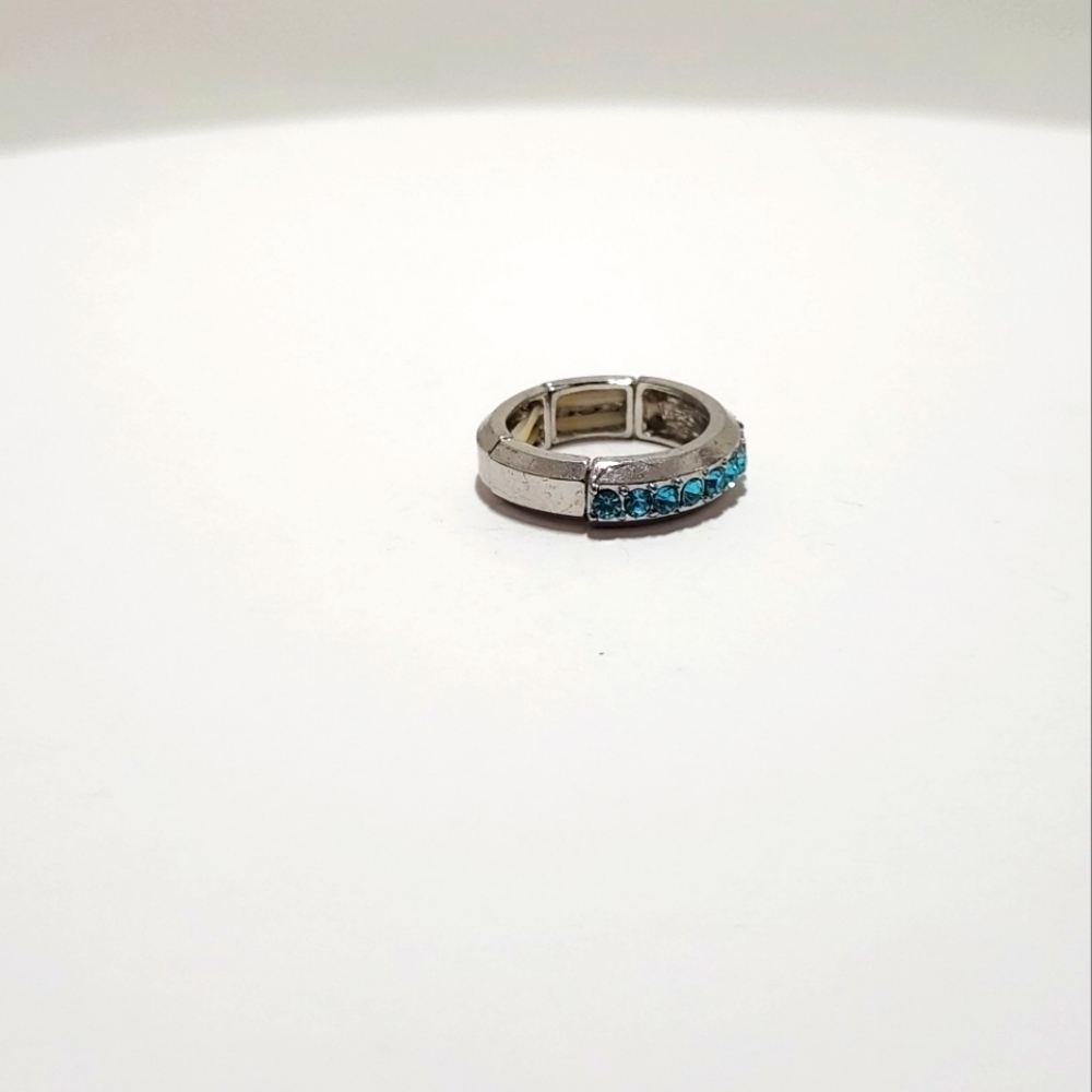 Gemstone Silvertone Stretch 7.25" Bracelet and 5.5 6.5 Ring Set Cyan Green Blue - Picture 3 of 11